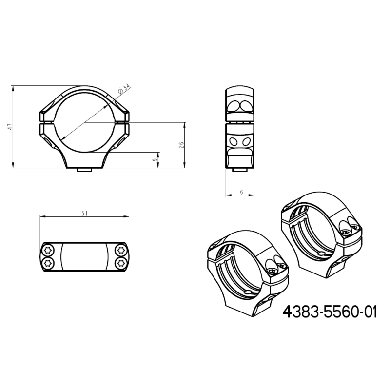 Base Picatinny de una pieza de 34 mm anillas para visor con palancas QD 